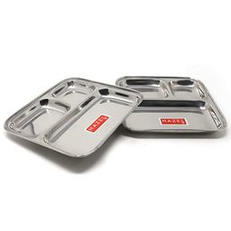 HAZEL Compartment Plate Set Of 2 | Steel Bhojan Thali | Pav Bhaji Plates for Restaurant |Steel Plate With Compartments for Event, Party | 22 cm-11
