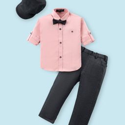 Robo Fry Cotton Woven Full Sleeves Solid Colour Party Shirt & Trouser Set with Bow Hat & Suspender - Pink & Grey-image-95