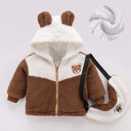 Kookie Kids Full Sleeves Hooded Fur Winter Jacket withSling Bag Bear Patch & 3DApplique - Brown-picture-2