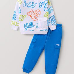 Babyhug Terry Knit Full Sleeves T-Shirt & Pant Set with Text Print - White & Blue-25