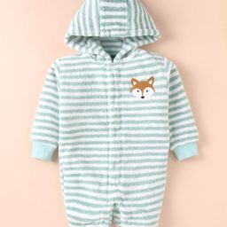 Little Kangaroos Fleece Knit Full Sleeves Winter Wear Hooded Striped Romper With Fox Embroidery- Light Green-picture-27