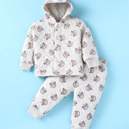 Doreme Full Sleeves Hooded Front Open Winter Wear Co-Ord Set With Teddy Bears Print - Light Grey-image-36
