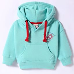 Olio Kids Fleece Knit Full Sleeves Hooded Sweatshirt with Floral Print & Kangaroo Pockets - Sea Green-image-60