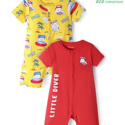 Babyoye 100% Cotton Knit With Eco Jiva Finish Half Sleeves Rompers With Animal & Beach Theme Print Pack of 2 - Red & Yellow-image-79