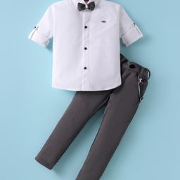 Radutu Full Sleeves Solid Shirt With Pant Bow & Suspender Set - Off White & Grey-image-61