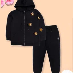 Kiddopanti Fleece Full Sleeves Heart Appliques Front Zip Opening Hooded Sweatshirt With Joggers - Black-picture-46