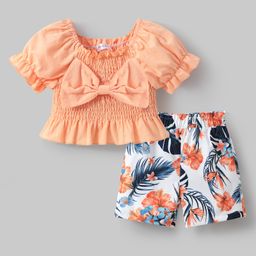 Mark & Mia Puffed Sleeves Top & Shorts Set with Bow & Smock Detailing - Orange-image-7