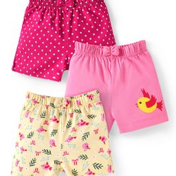 Babyhug Single Jersey Knit Mid Thigh Shorts with Polka Dots & Bird Print with Bow Applique Pack of 3 - Pink Beige & Dark Pink-image-87