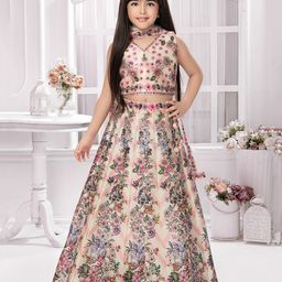 Tiny Kingdom Sleeveless Floral Printed & Mirrorwork Detailed Lehenga Choli With Dupatta Set - Cream-image-54
