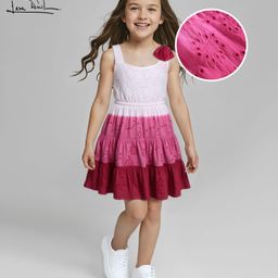Arias Satin Woven Sleeveless Party Dress With Schiffli & Color Block Design - White & Dark Pink-image-63