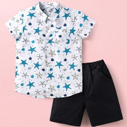 Mark & Mia Cotton Woven Half Sleeves Shirt & Shorts Set With Sea Animals Print - White-picture-19