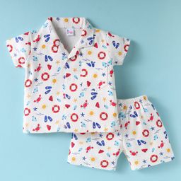 Ben Benny 100% Cotton Knit Half Sleeves Shorts Co-Ord Night Suit With Beach Theme Print - White-image-8