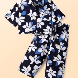 CrayonFlakes Rayon Half Sleeves Floral Printed Coordinating Shirt Style Crop Top & Belted Palazzo Set - Navy Blue-image-27