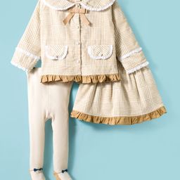 ToffyHouse Cotton Woven Full Sleeves Checkered Peter Pan Collared Party Top & Skirt with Bow Applique & Stockings - Cream-picture-2