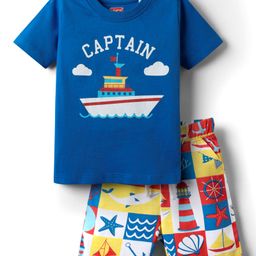 Babyhug Cotton Knit Half Sleeves Night Suit With Nautical Theme Print - Navy Blue-image-55