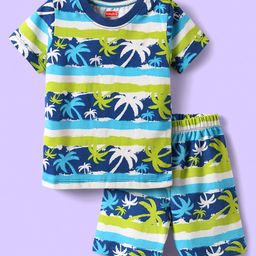 Babyhug Cotton Knit Half Sleeves Short Co-Ord Night Suit with Beach Theme Print - Green & Blue-image-15