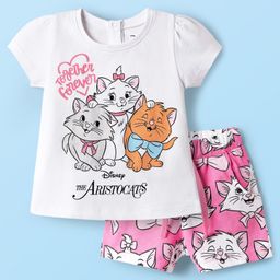 Babyhug Disney Single Jersey Knit Half Sleeves Shorts Night Suit with Aristocats Marie Graphics - Pink & White-image-44