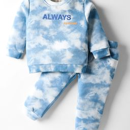 ToffyHouse Fleece Knit Full Sleeves T-Shirt & Lounge Pant Co-Ord Set with Tie Dye Print - Stone Blue-picture-17
