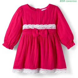 Babyoye Cotton Woven Full Length Frock With Bow Applique & Textured Print - Red-picture-32