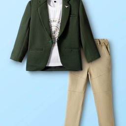 Dapper Dudes Full Sleeves Solid Blazer With Typography Printed Tee & Pant Set - Green-picture-22