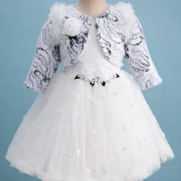 Enfance Floral Applique Detailed & Pearls Embellished Knee Length Dress With Full Sleeves Jacket Set - White-picture-8