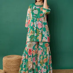 Noh.Voh - SASSAFRAS Kids Girls Floral Printed Mirror Work Straight Kurti With Sharara-picture-41