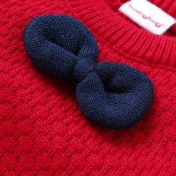 Babyhug Knitted Full Sleeves Color Block Pullovers Sweater Bow Applique -Red image 3