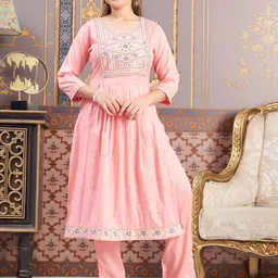 Sangria Girls Floral Sequinned Embroidered Pure Cotton A-Line Kurta With Trousers-image-26