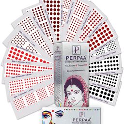 PERPAA Premium Kumkum Set Of 16 Round Stick On Bindi Book -Red 05 ,Black 07 ,Dark Maroon 08 ,Light Maroon 11-14