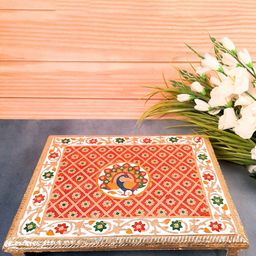apka mart Red and White Wooden Meenakari Pooja Chowki Bajot-image-0