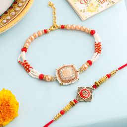 Anouk Gold Toned Artificial Stones Studded & Beaded Om Bhaiya Bhabhi Rakhis With Roli-43