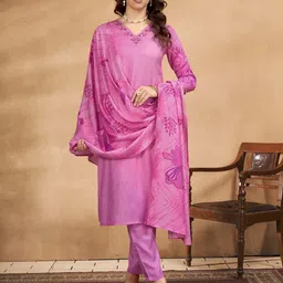 Anouk Pink Floral Embroidered Beads and Stones Straight Kurta with Trouser & Dupatta-48