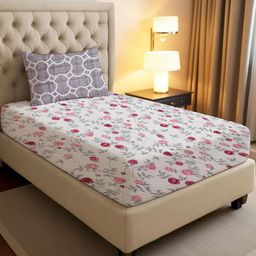 IVAZA Cream & Pink Geometric 140 TC Single Bedsheet with 1 Pillow Covers-image-87