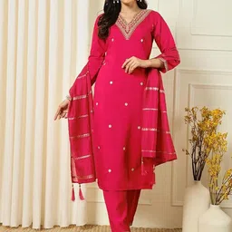 Lilots Women Embroidered Regular Thread Work Chanderi Silk Kurta with Trousers & With Dupatta-picture-18