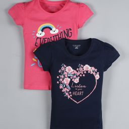 Plum Tree Short Sleeves Pack Of 2 Heart Print T-Shirt - Navy & Dark Pink-image-52