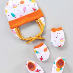 OHMS Cap Mittens & Booties Ice Cream Print - Orange White-image-46
