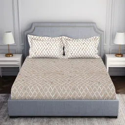 SPACES Beige & Brown Geometric 130 TC Queen Bedsheet With 2 Pillow Covers-18