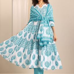 Libas Floral Printed Tiered Notch Neck Sequinned Anarkali Kurta With Trousers & Dupatta-image-22