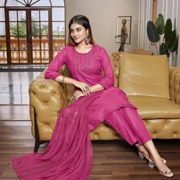 DIVASTRI Women Ethnic Motifs Embroidered Regular Thread Work Kurta with Trousers & With Dupatta image 5