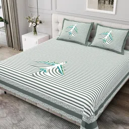 JAIPUR FABRIC Olive Green & White Pure Cotton Striped King Bedsheet with 2 Pillow Covers-image-99
