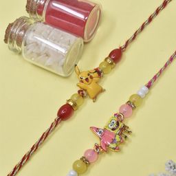 MEIRA JEWELLERY Boys Set Of 2 Sponge Bob & Pikachu Thread Rakhi With Roli Chawal-58