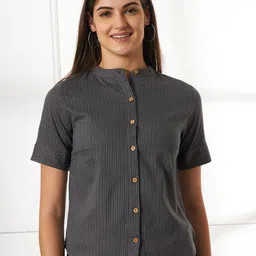 Anouk Rustic Women Striped Mandarin Collar Shirt Style Top-image-21