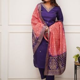 Moda Rapido Women Embroidered Thread Work Chanderi Silk Kurta & Trousers With Dupatta-image-92