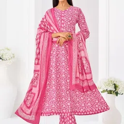 Larqi Women Floral Printed Cotton Anarkali Kurta with Trousers & Dupatta-picture-26