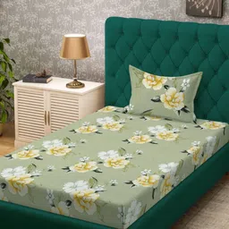 KLOTTHE Green & Yellow Floral 300 TC Single Bedsheet With 1 Pillow Cover - 2.25 m x 1.50 m-image-26