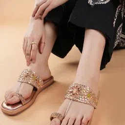 Anouk Women Rose Gold Embellished Party One Toe Flats-picture-32