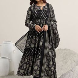 Libas Womens Black Printed Cotton Anarkali Kurta With Trousers & Dupatta-picture-36
