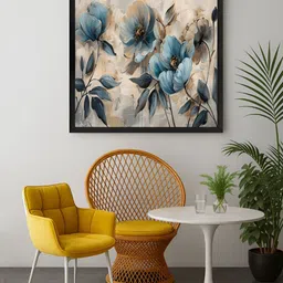 999Store Cream-Coloured & Blue Floral Printed Canvas Wall Art-16