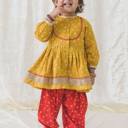 Tiber Taber Girls Printed Gotta Patti Pure Cotton A-Line Pleated Kurta With Salwar-image-10