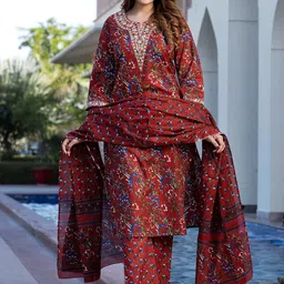 KALINI Floral Printed Thread Work Pure Cotton Straight Kurta With Trousers & Dupatta-image-19